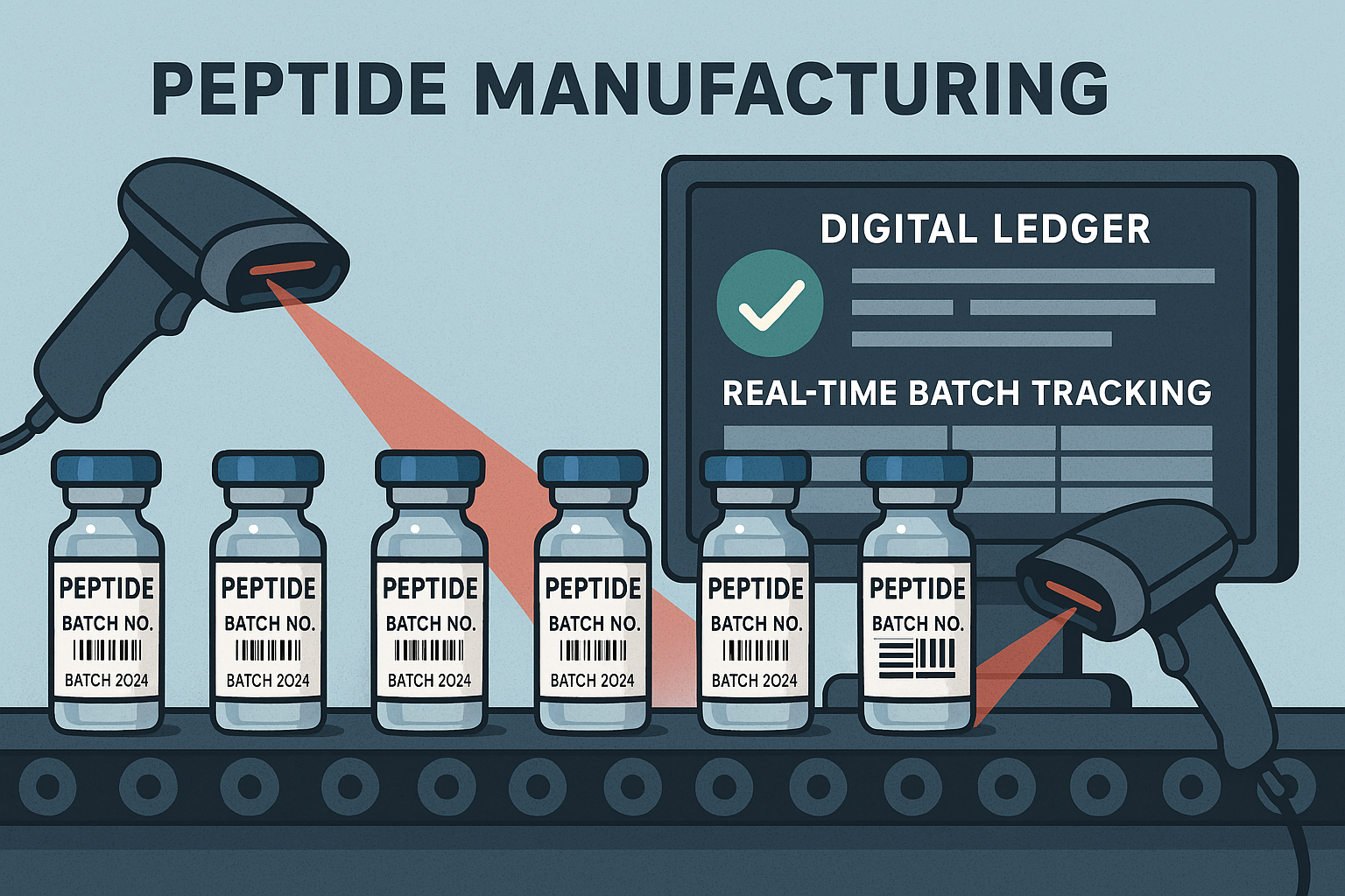 AI‑generated illustration of a peptide manufacturing line with barcode scanners feeding a digital ledger