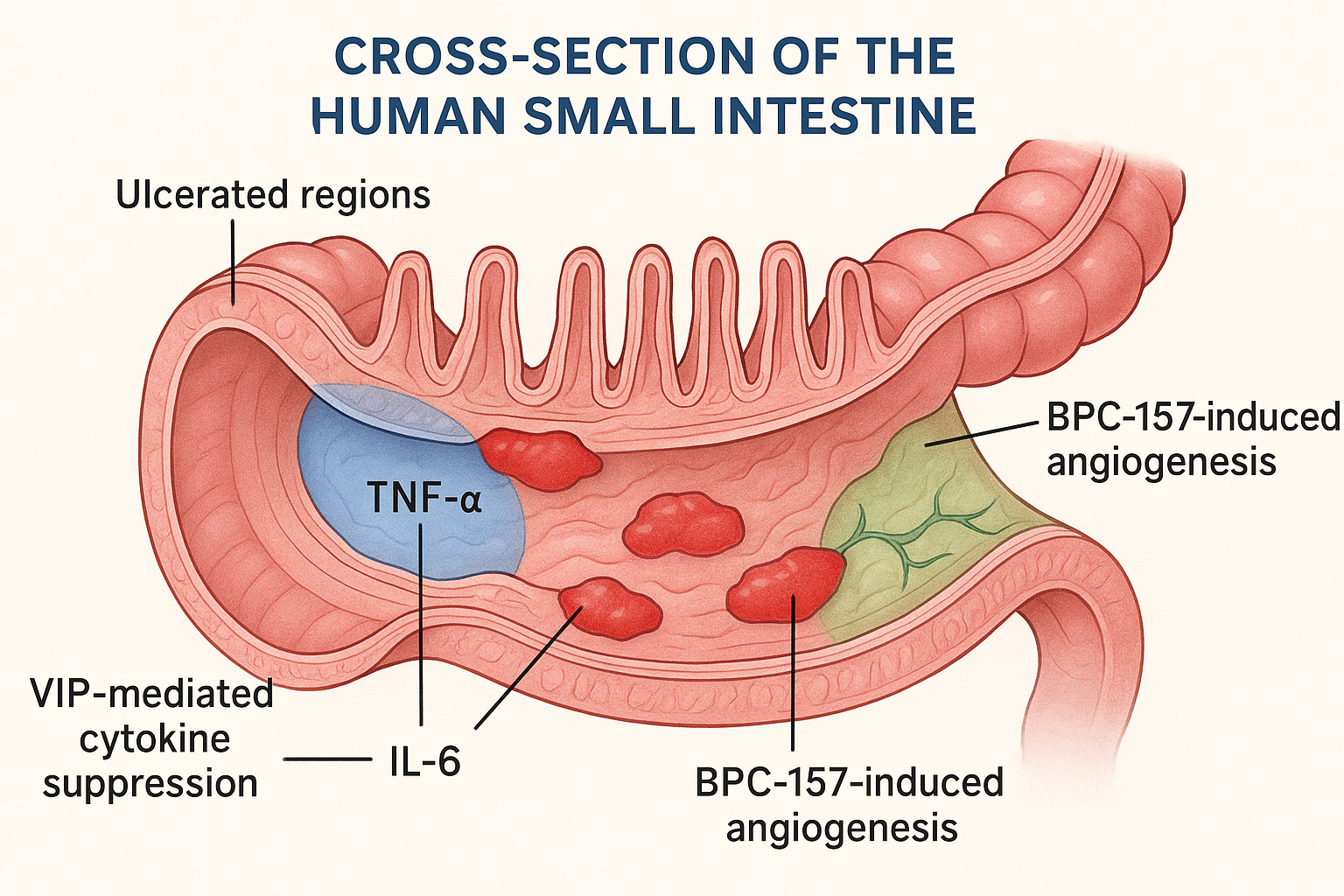 Conceptual flowchart illustrating how VIP suppresses inflammatory cytokines, creating a permissive environment for BPC‑157‑driven angiogenesis and epithelial repair.