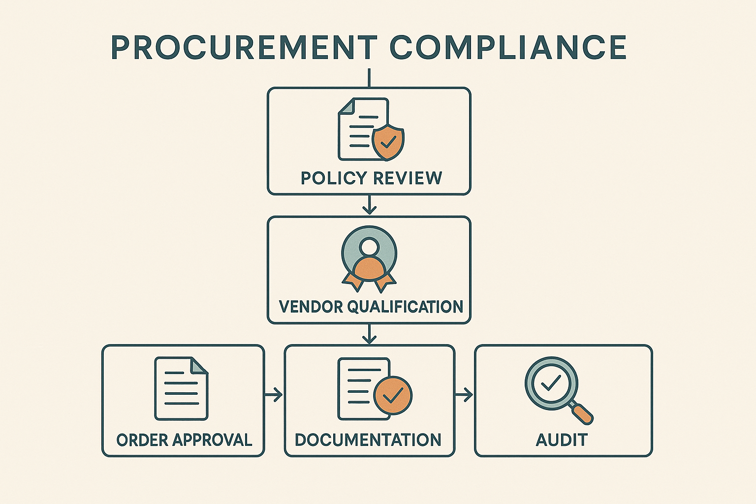 Flowchart of the RUO procurement process showing policy review, vendor qualification, order approval, documentation, and audit readiness stages