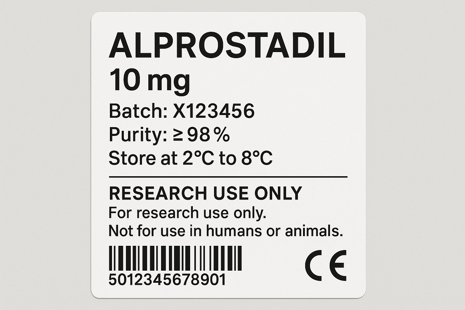 Mockup of a compliant RUO peptide label showing required elements