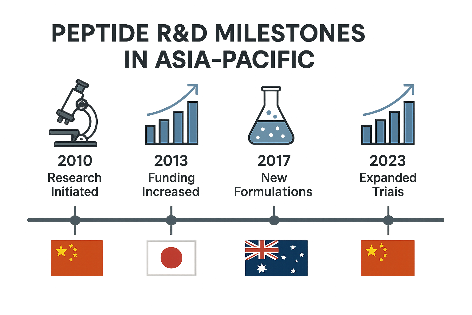 Timeline of key peptide research and commercial milestones in Asia‑Pacific from pre‑2015 to 2024