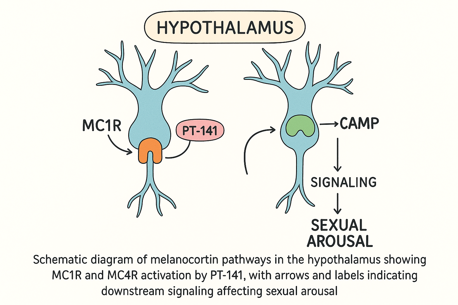 Diagram of PT‑141 signaling through MC1R and MC4R in the hypothalamus