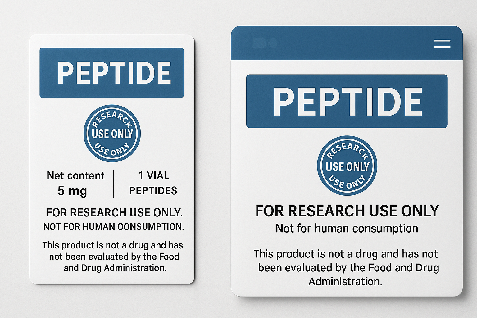Sample peptide product label displaying RUO badge, FDA status note, safety warnings, and contact information