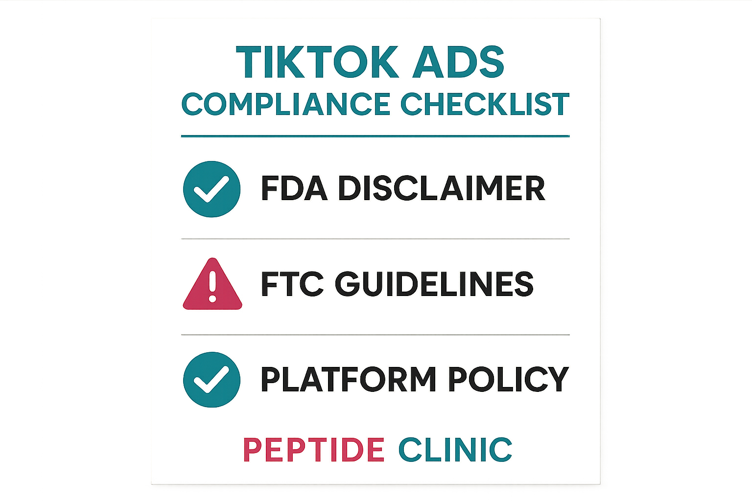 Compliance infographic outlining TikTok ad creation steps for research peptides