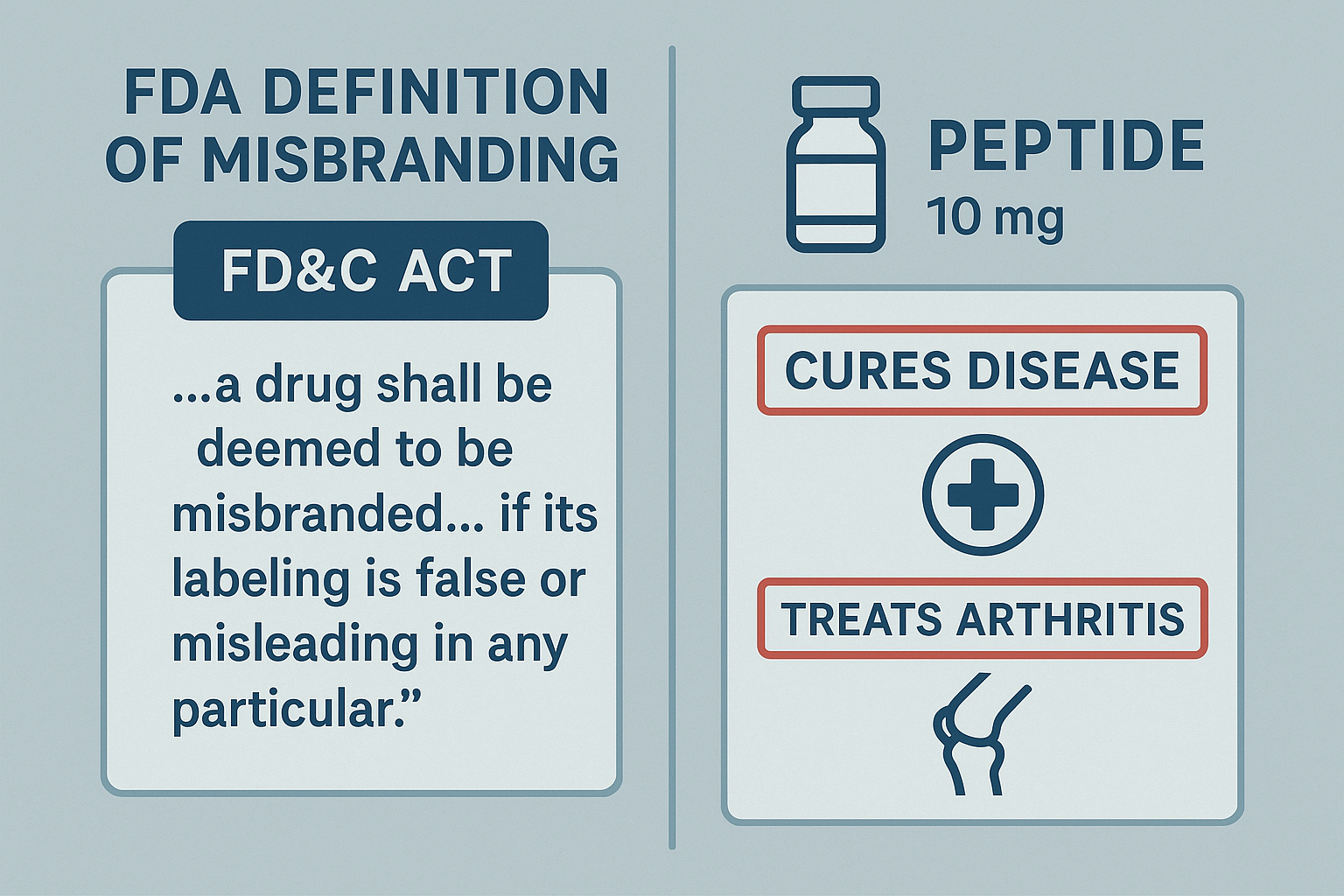 Split‑screen infographic comparing the statutory definition of misbranding with a non‑compliant peptide label