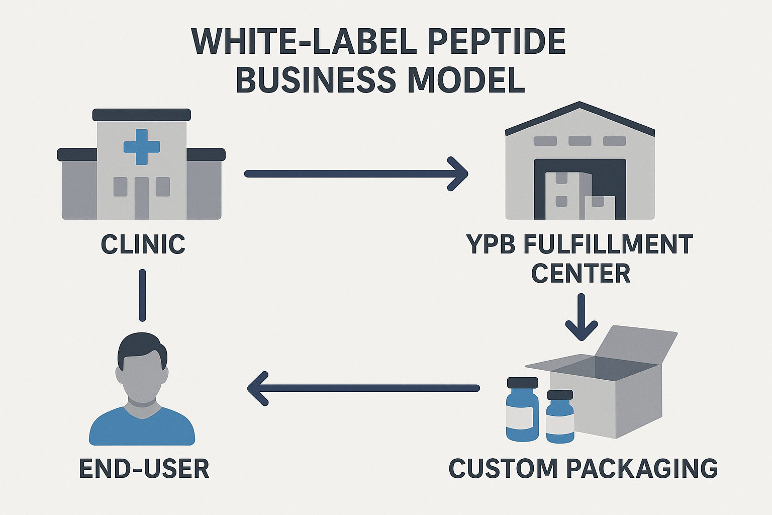 White‑label business flow diagram showing clinic ordering, YPB fulfillment, and end‑user delivery