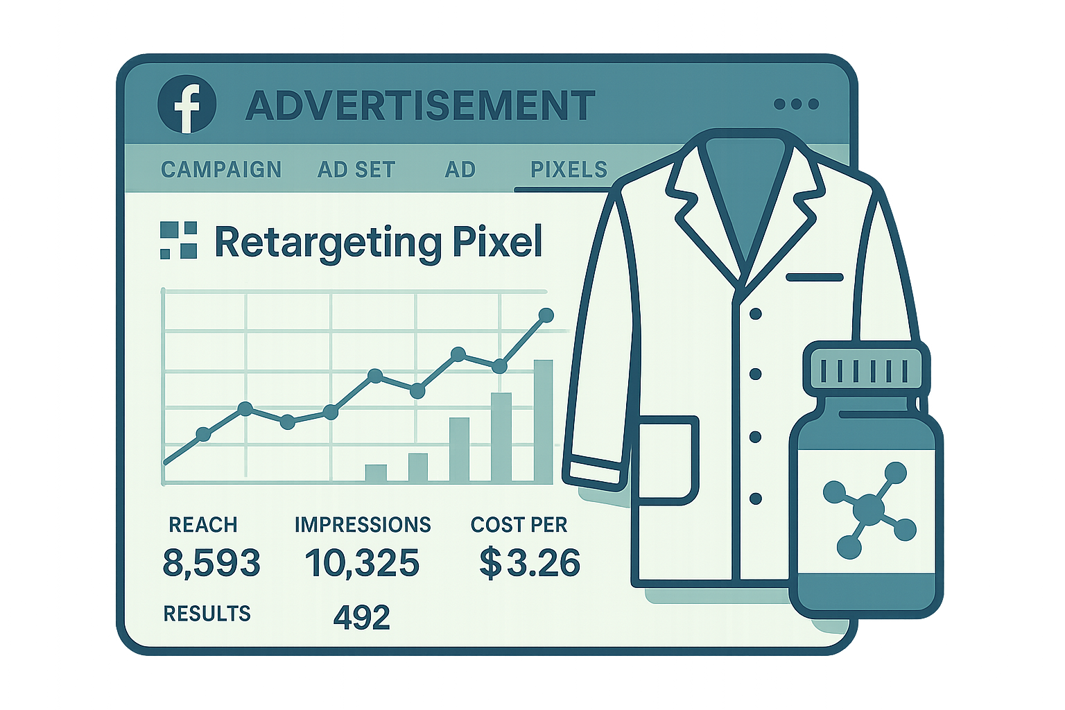 Diagram showing Facebook Pixel placement and retargeting funnel for peptide products