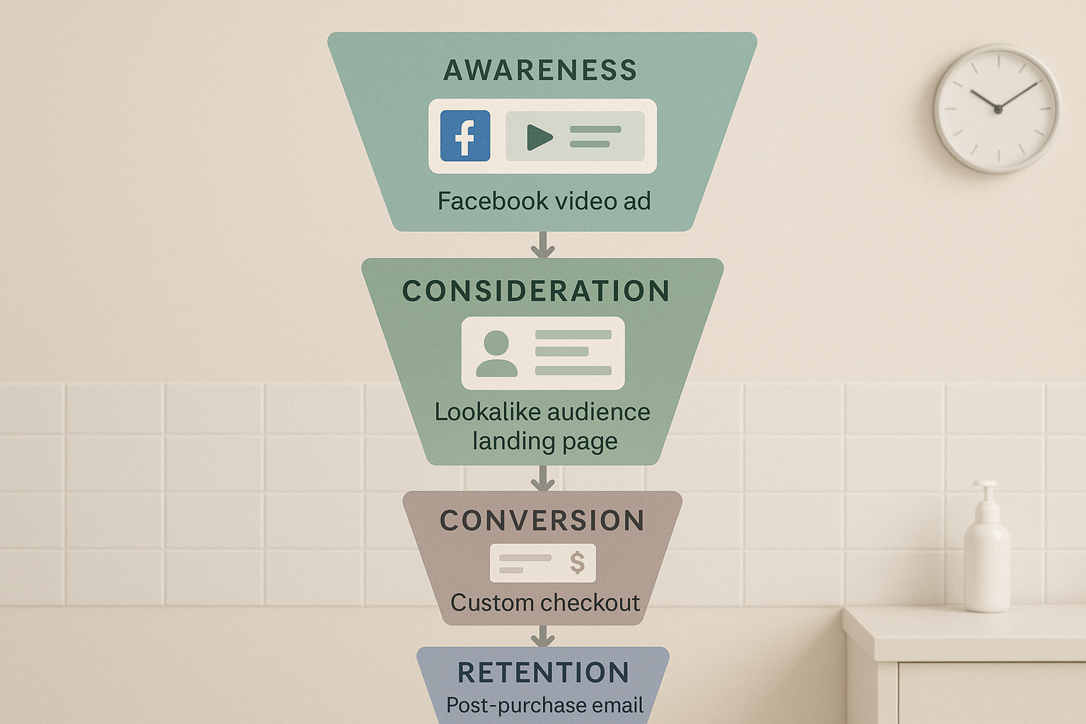 Clinical‑style funnel flowchart illustrating Facebook ad stages and email automation