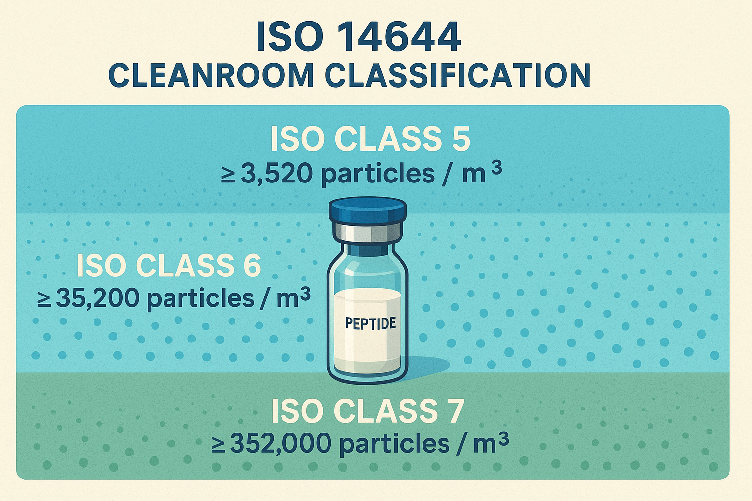 Infographic showing particle gradients from Class 7 to Class 5 with a peptide vial in the cleanest zone