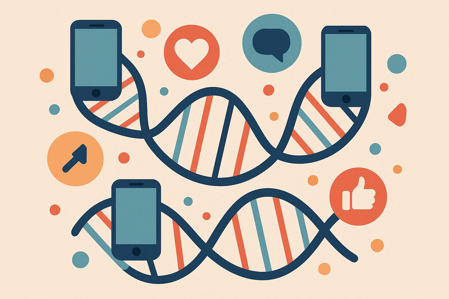 Abstract DNA strand merging with a smartphone, symbolizing the blend of science and social media