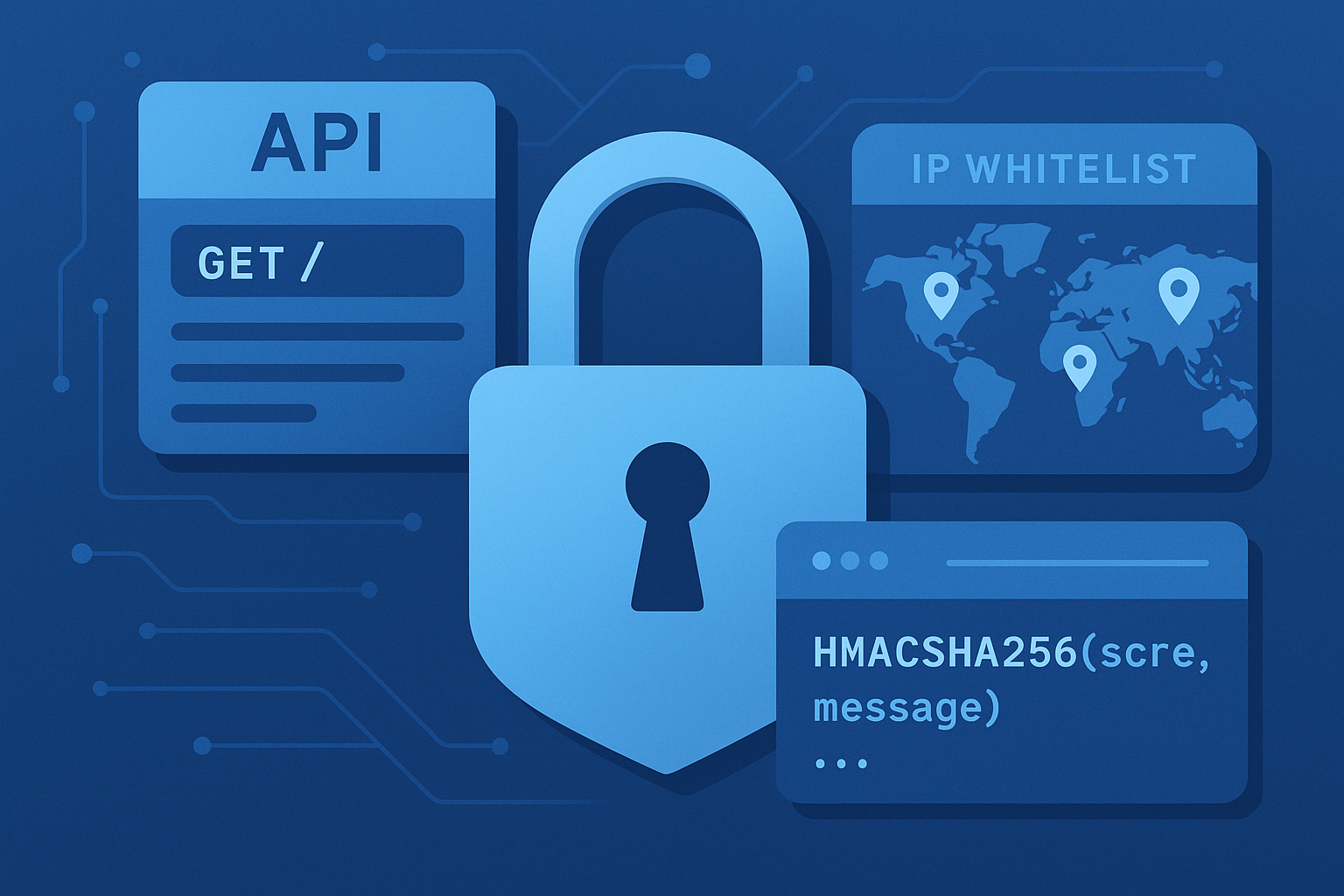 Diagram of API security layers including TLS, HMAC, IP whitelist, rate limiting, and secret management