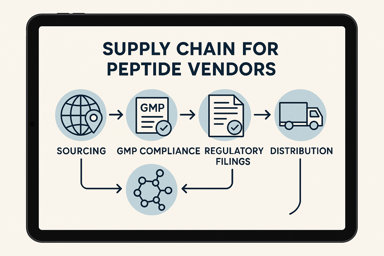 Diagram of a transparent peptide supply chain showing each stage from raw material sourcing to distribution