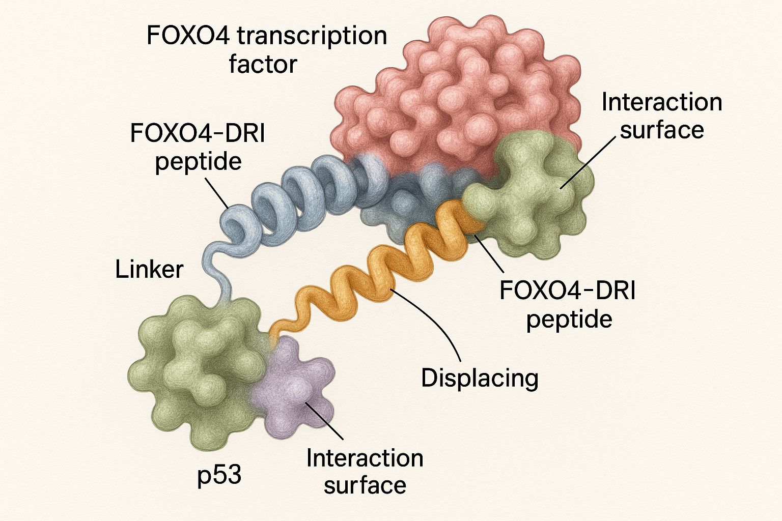 Molecular illustration of FOXO4‑p53 interaction and displacement by FOXO4‑DRI peptide
