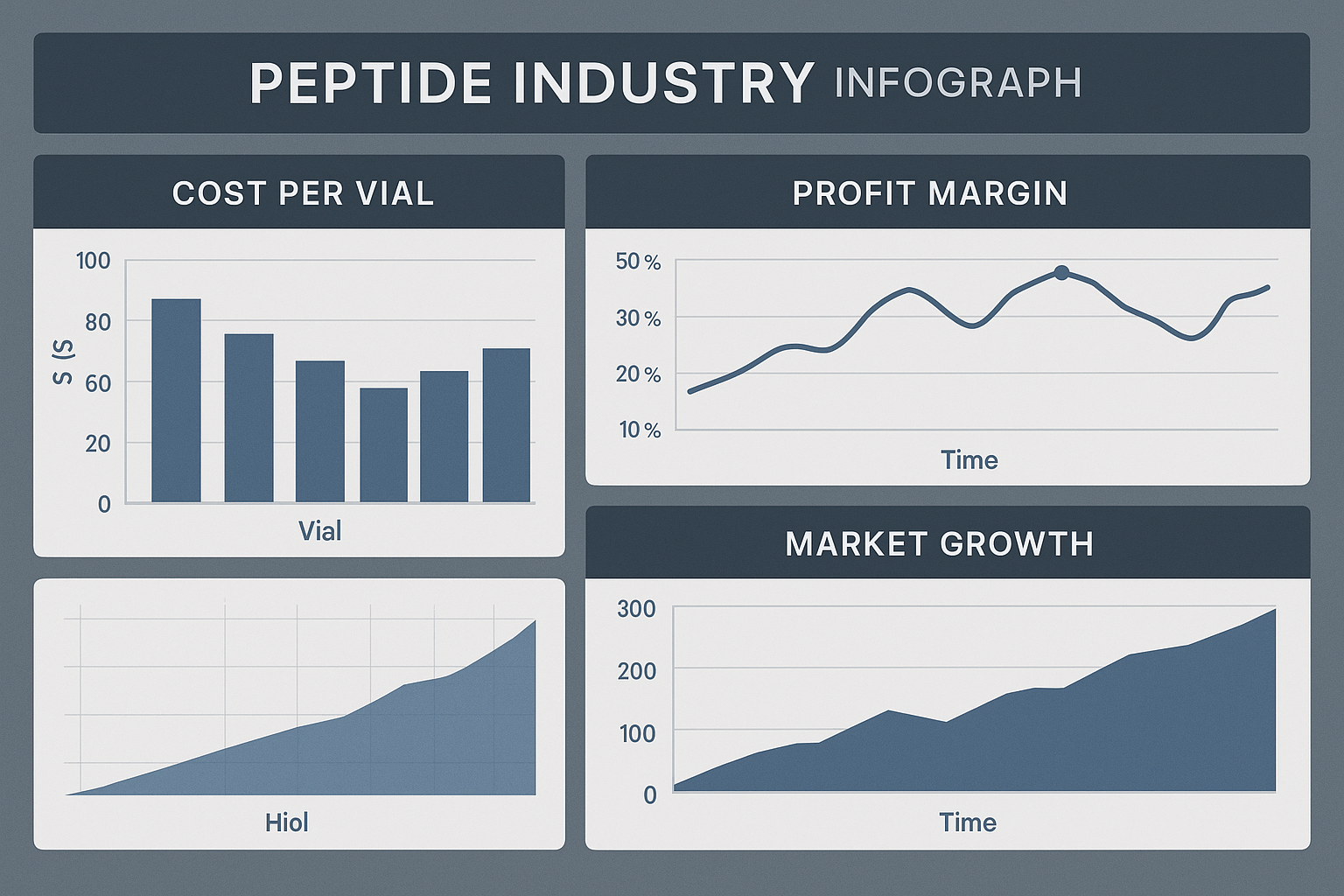 Financial dashboard layout showing cost per vial, profit margin line chart, and market growth area chart