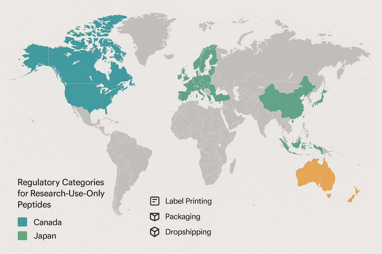 Global map highlighting regulatory hotspots for peptide sales