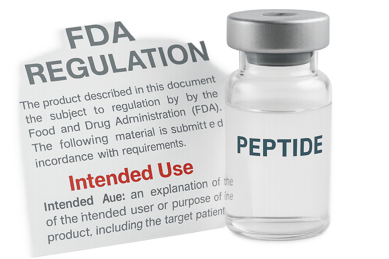 Regulatory document overlay on a peptide vial highlighting the phrase ‘Intended Use’