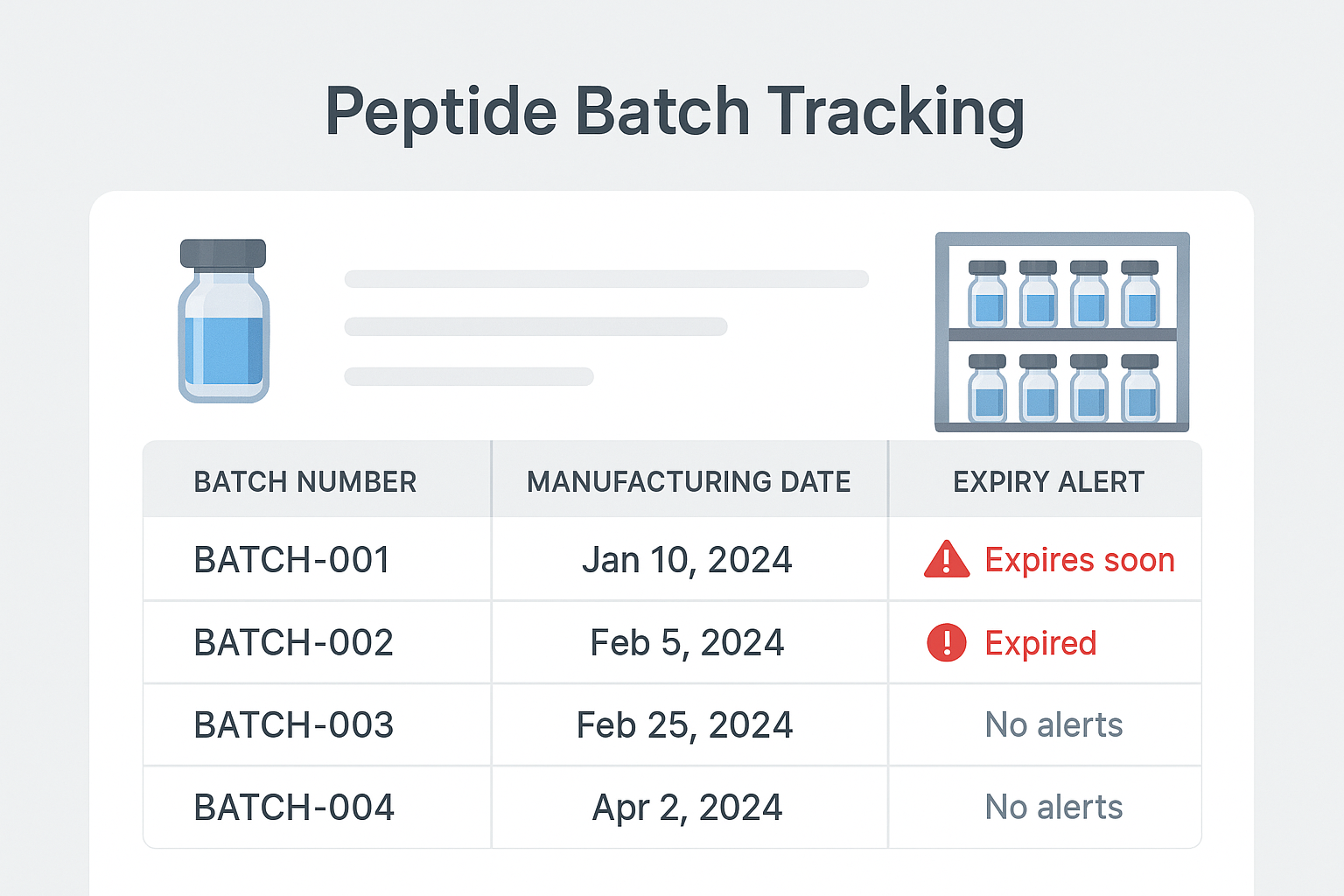 Barcode and QR code workflow diagram for peptide inventory