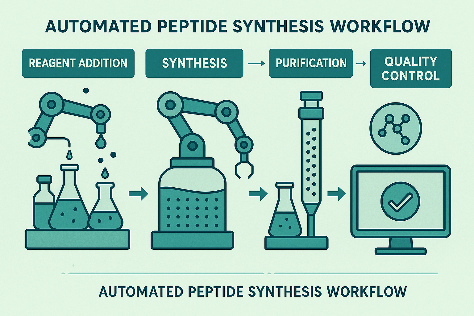 Infographic of an automated peptide synthesis workflow from reagent dispensing to quality control