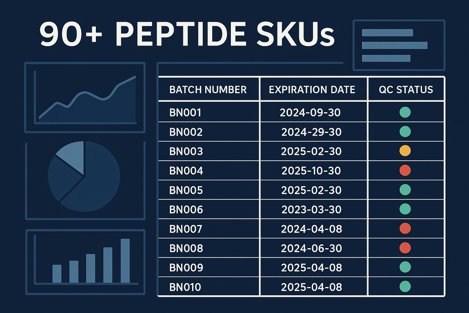 Mock peptide SKU management dashboard