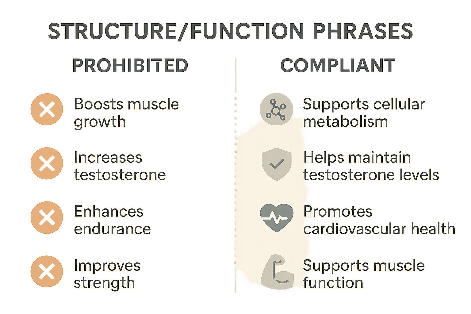 Infographic showing prohibited peptide claims alongside compliant alternatives