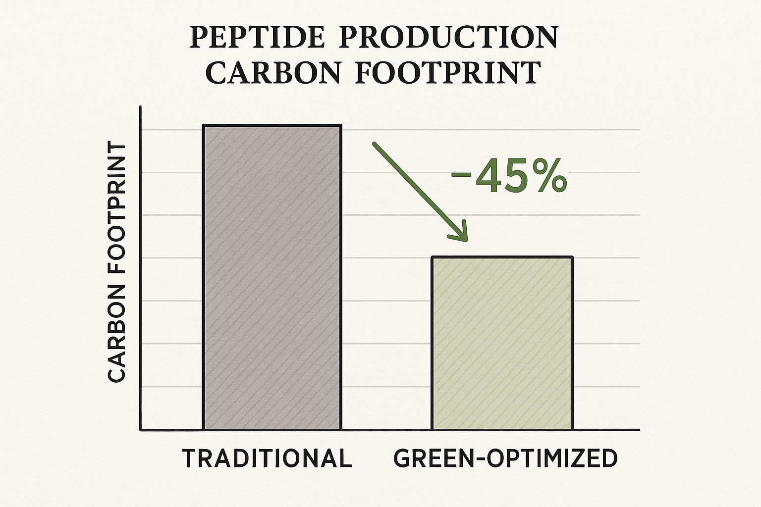 Diagram of green peptide manufacturing workflow showing solvent recycling, energy‑efficient reactors, and enzymatic steps