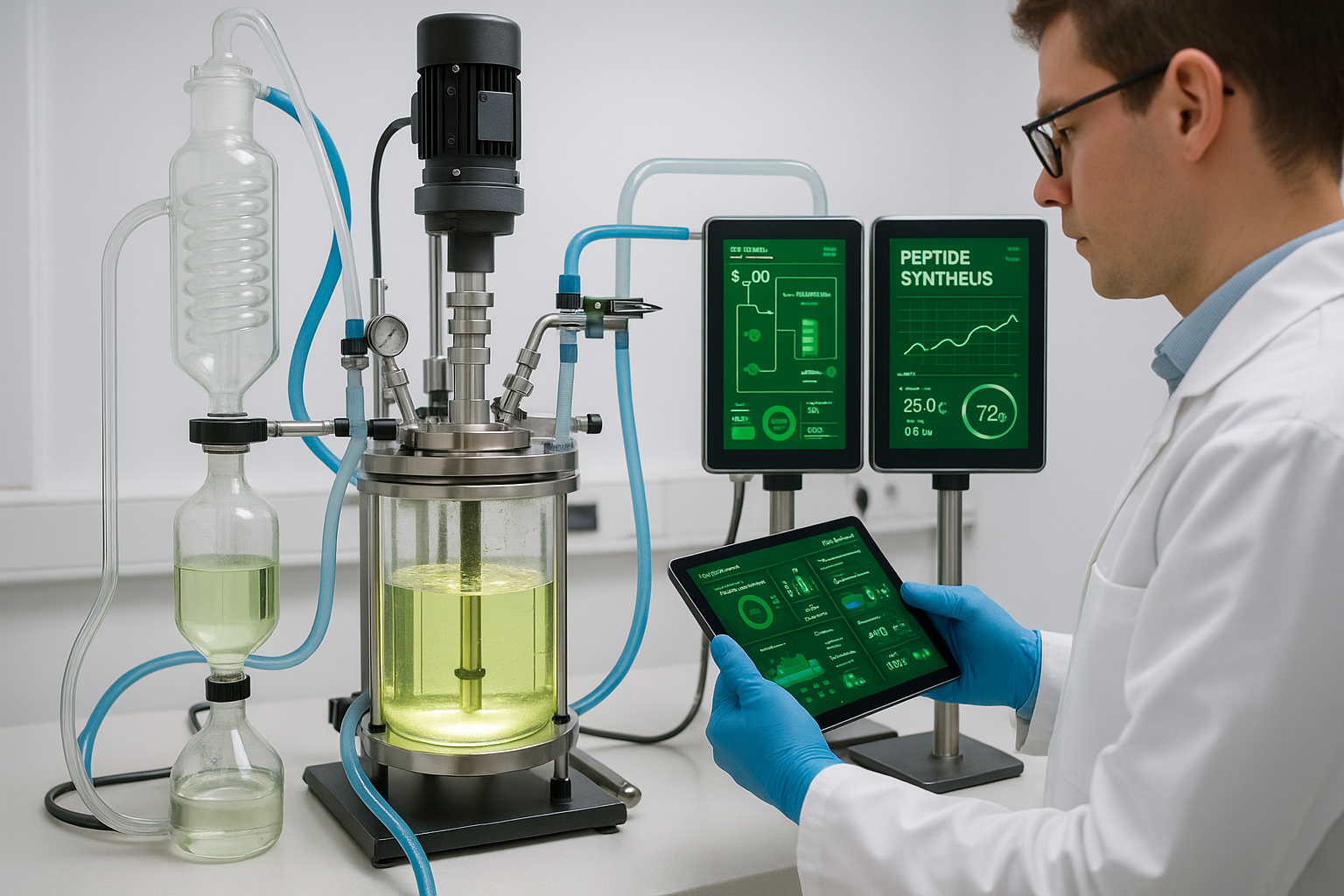Flowchart of a sustainable peptide supply chain from raw materials to distribution