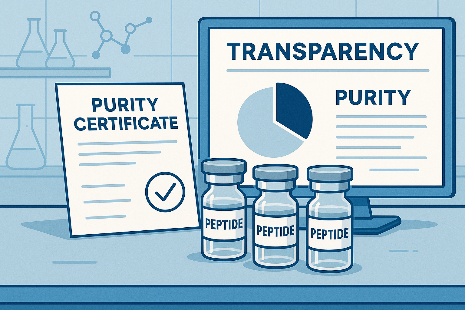 Editorial illustration showing a scientist holding a clear peptide vial, symbolizing purity and scientific rigor
