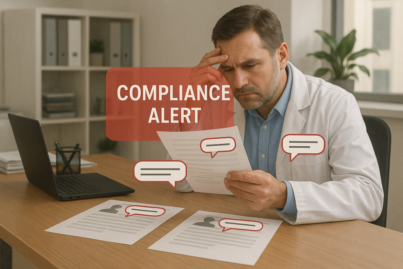 Clinic owner reviewing printed research documentation on a desk