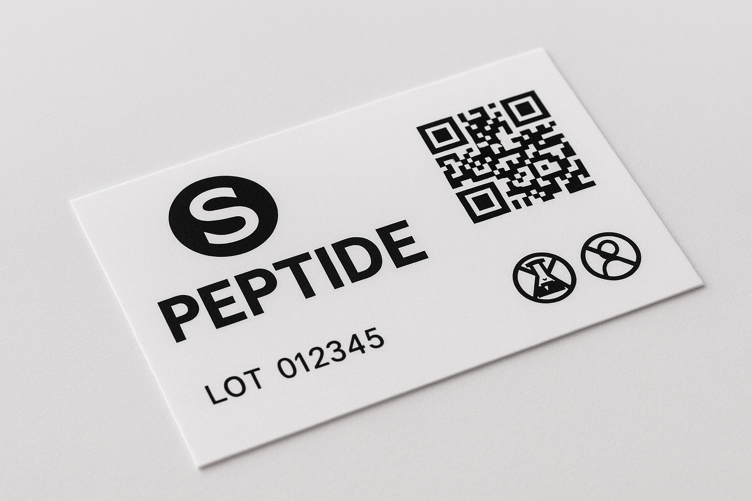 AI‑generated peptide label combining brand colors, compliance icons, and QR code