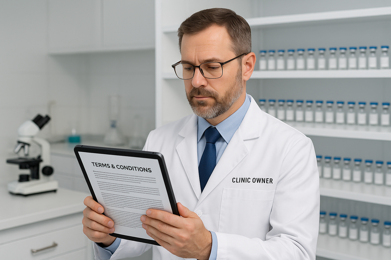 Illustration of a clinic owner reviewing and updating terms and conditions on a laptop