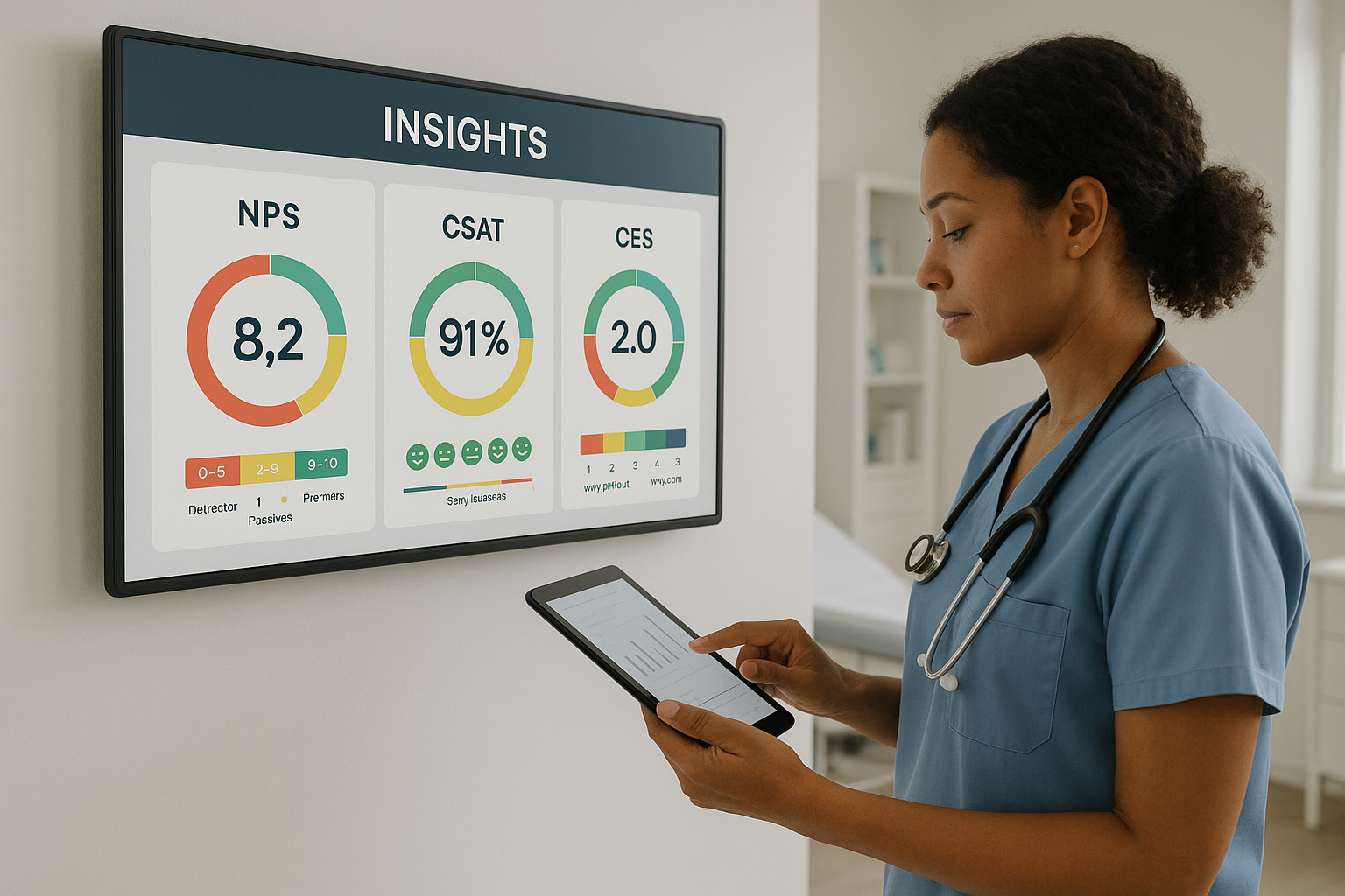 Infographic showing NPS, CSAT, CES metrics on a clinician’s tablet