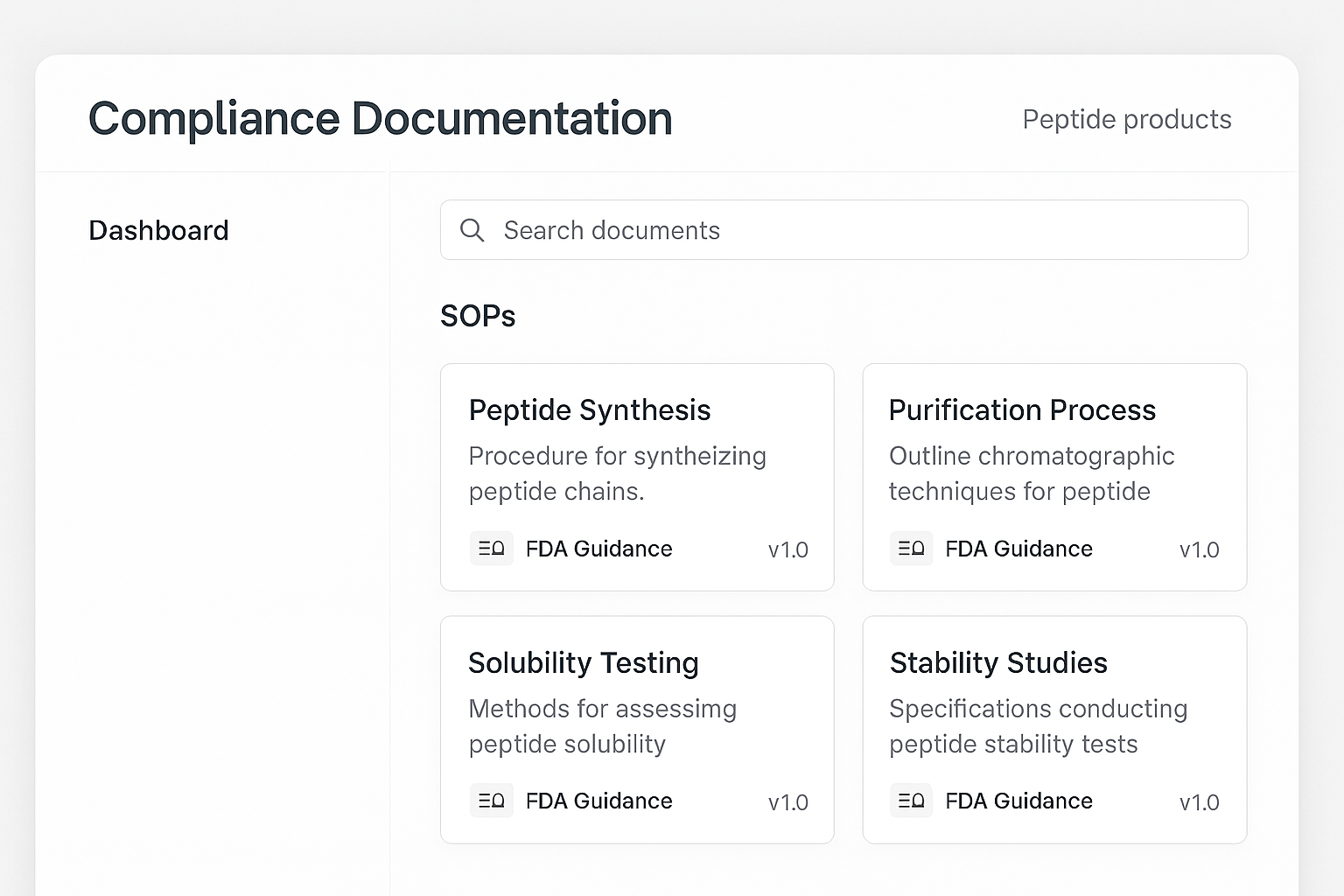 Compliance hub dashboard showing searchable SOP cards, version history, and ticket linkage options