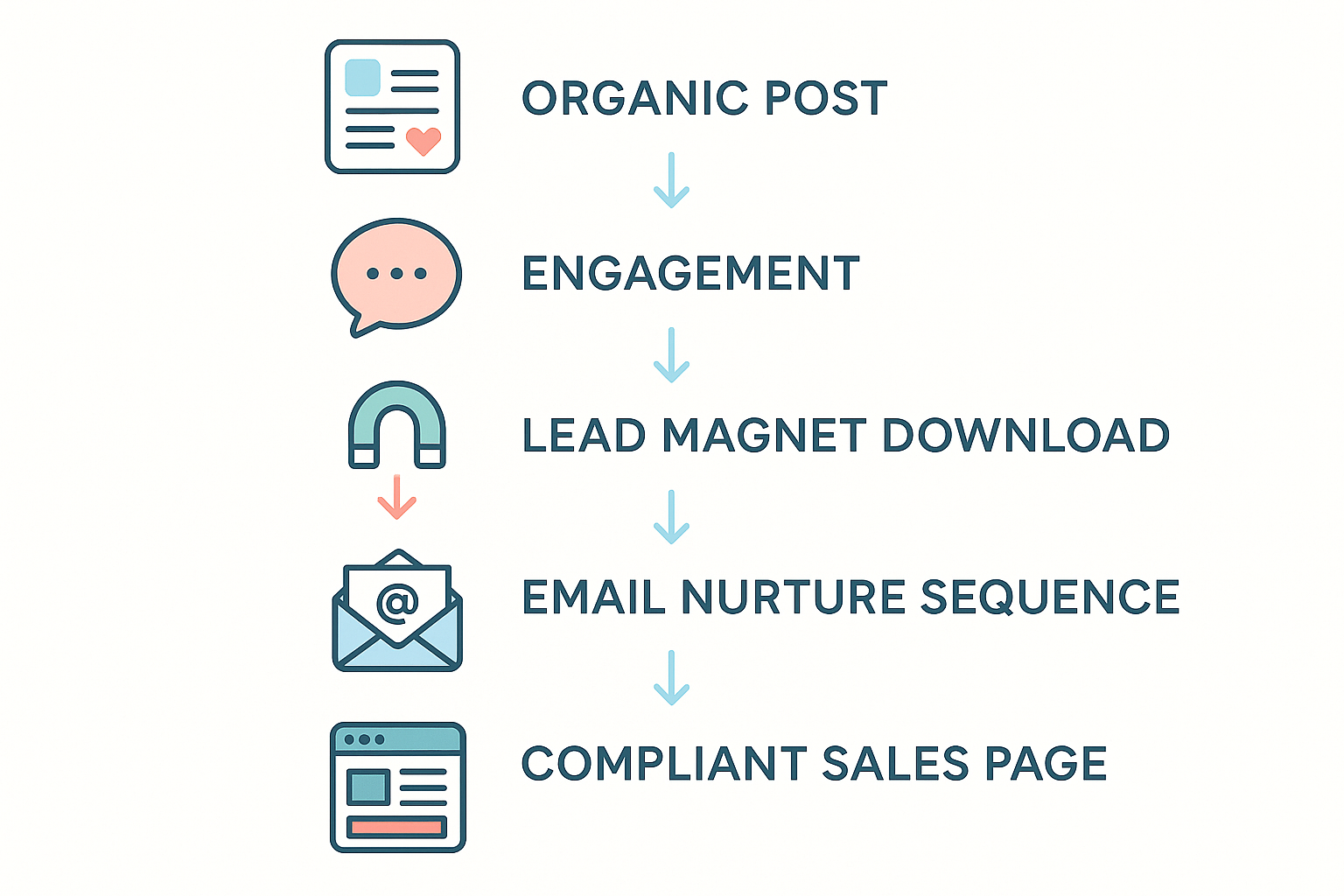 Infographic showing how an organic social media post feeds the top of a lead‑generation funnel