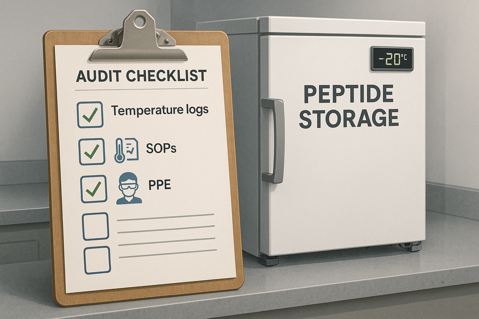 Illustration of a printable checklist placed beside a peptide storage refrigerator