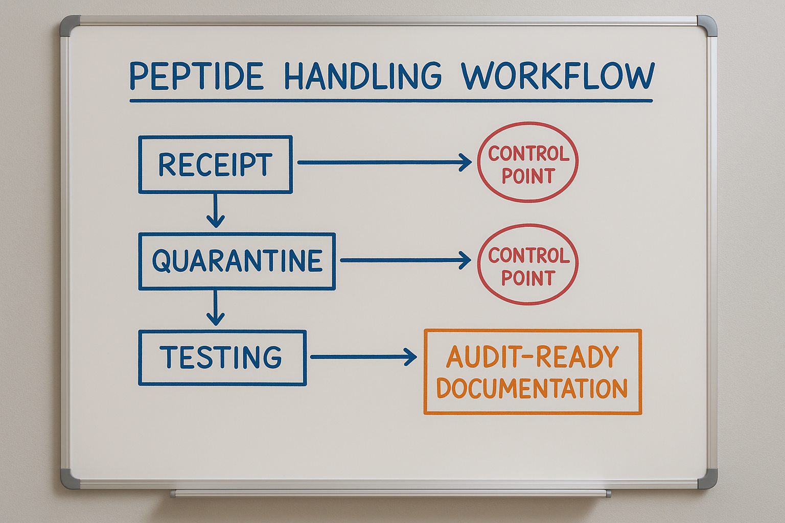 Simplified peptide handling flowchart showing receipt, quarantine, testing, storage, and fulfillment steps