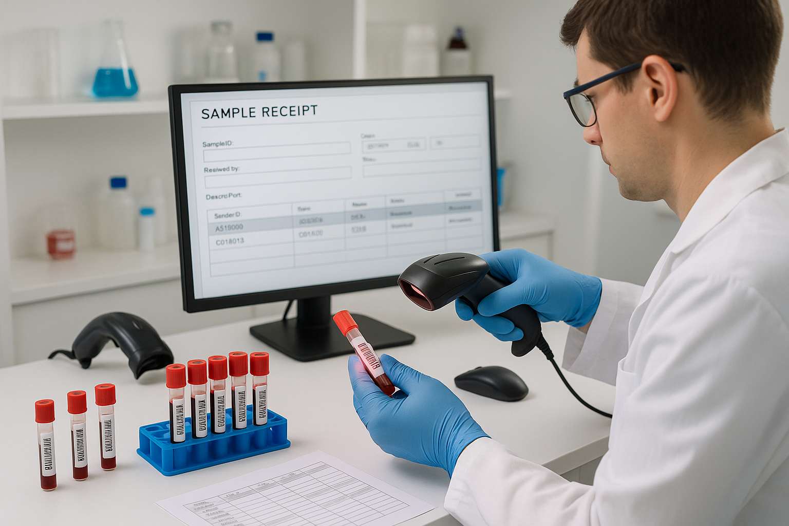 Technician scanning a barcode on a peptide vial while wearing gloves and a lab coat
