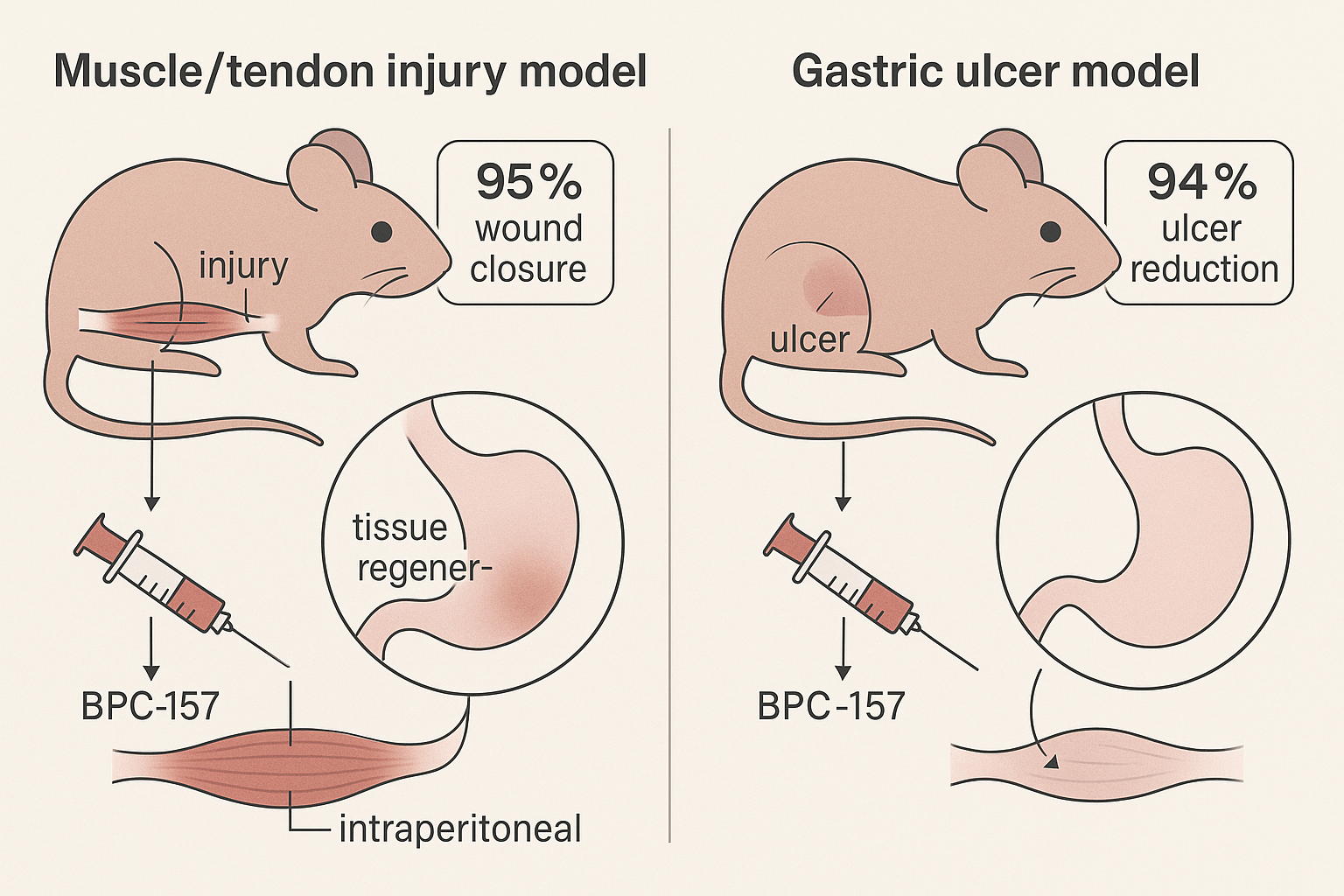 Graphical summary of BPC‑157 effects in rodent muscle, tendon, and gastric ulcer models