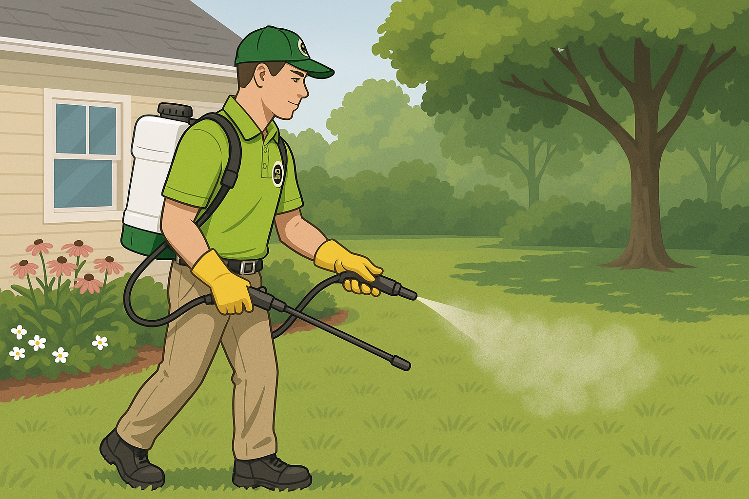 Illustration of mosquito control treatment in a suburban yard