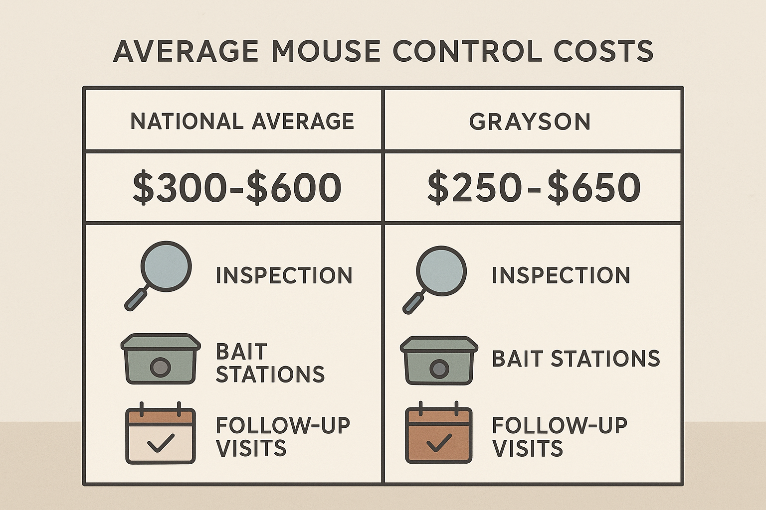 Cost comparison infographic showing mouse control pricing in Grayson vs national average and Atlanta suburbs