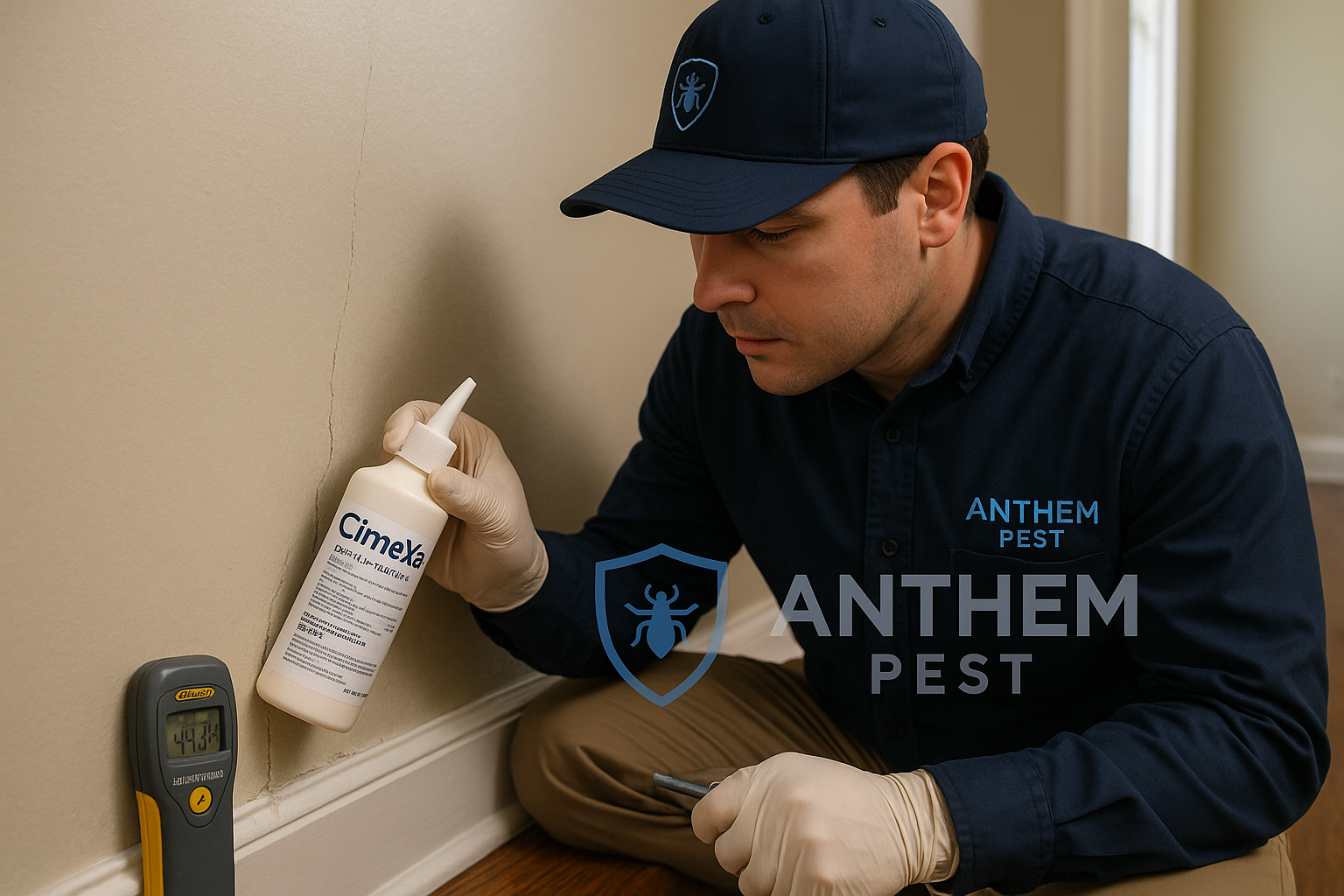 Technician applying dust treatment in a crawlspace
