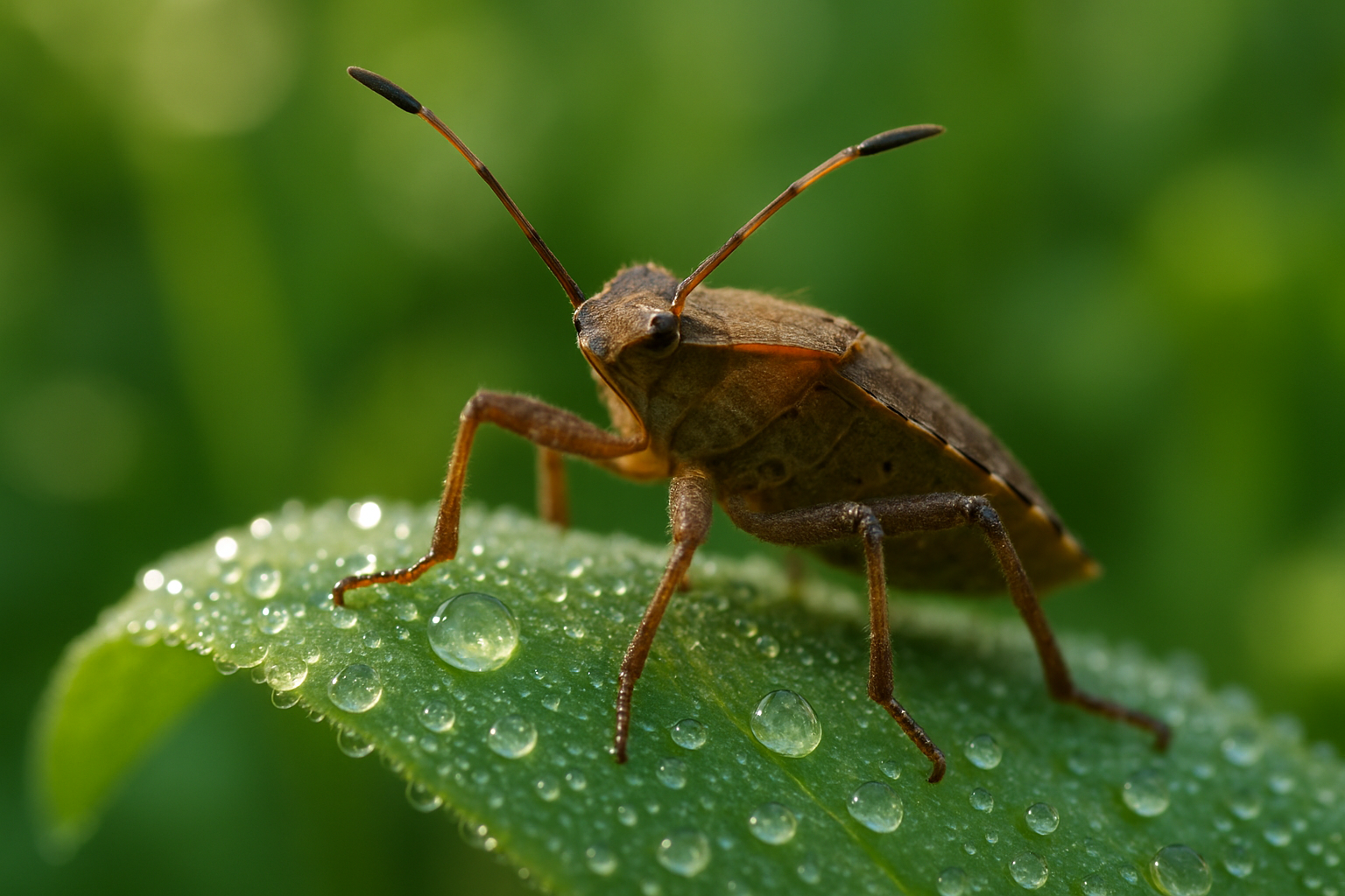 Close‑up of a brown stink bug showing shield shape and white antennae