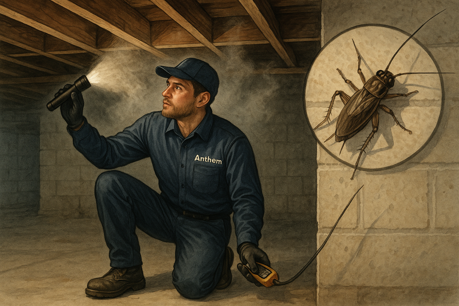 Technician applying cricket spray and sealing cracks