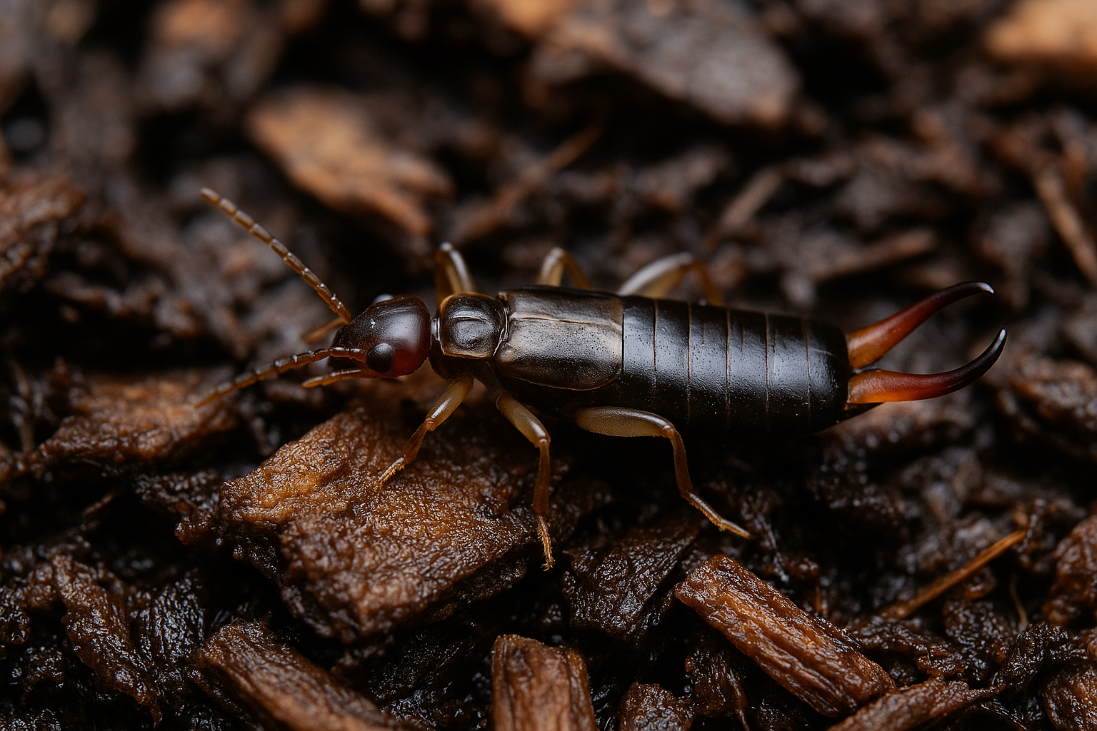 Close-up of an earwig showing its dark brown body and rear pincers