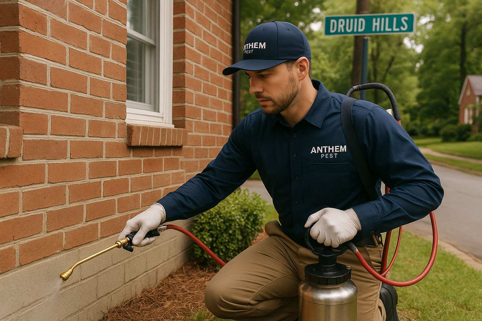 Anthem Pest technician performing an earwig inspection in a residential yard