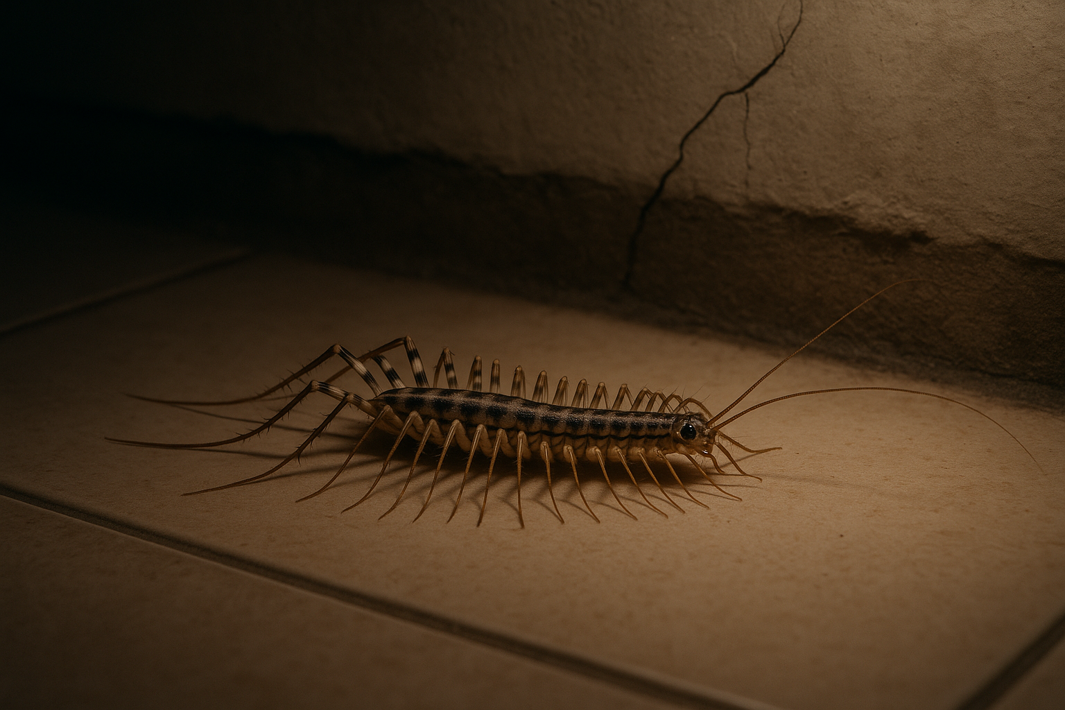 Centipede crawling across a damp basement floor