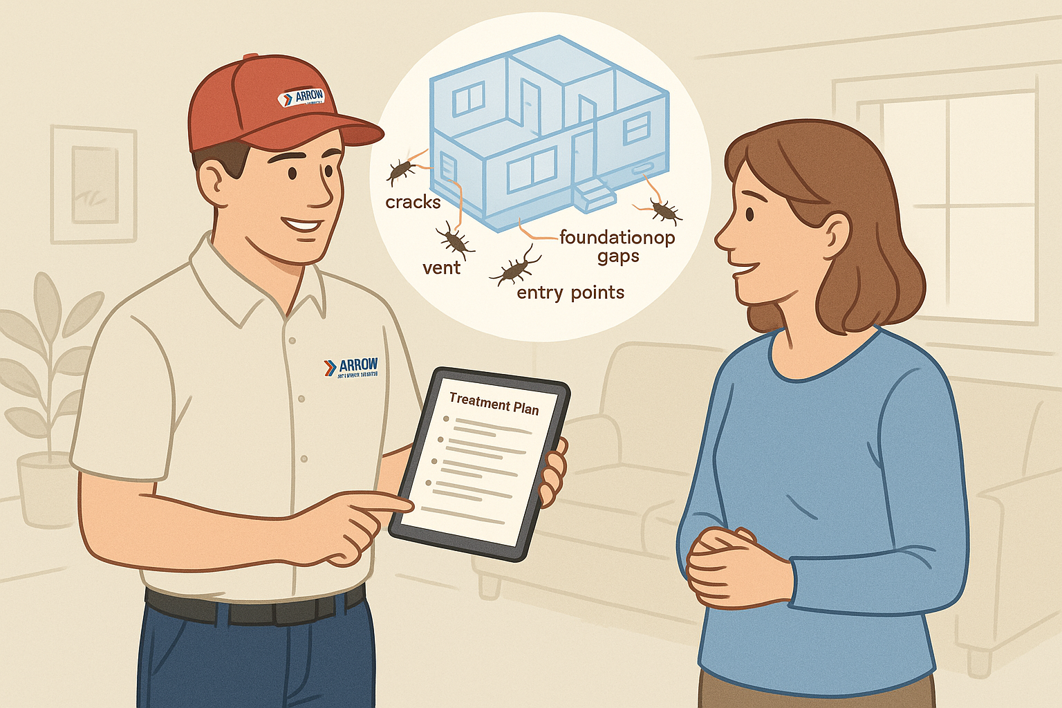 Homeowner meeting technician during earwig inspection