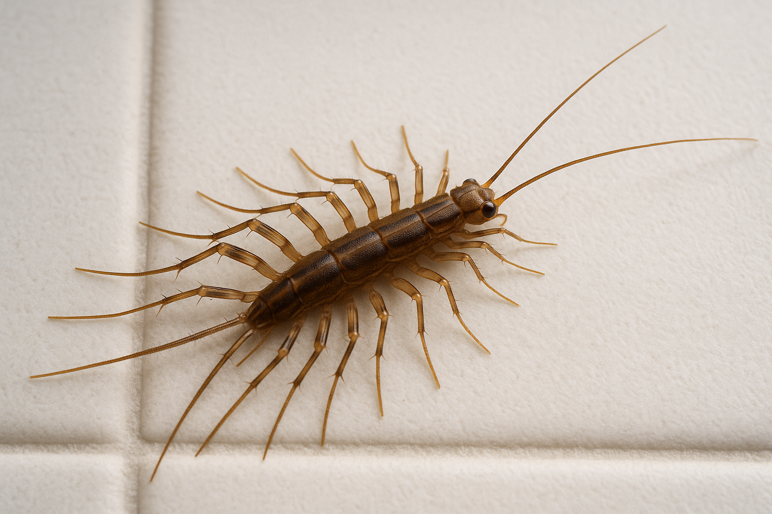 Close‑up of a house centipede on a leaf