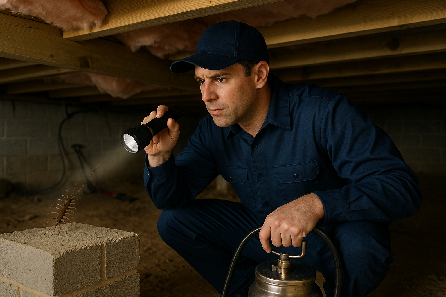 Professional centipede inspection in a Decaut home