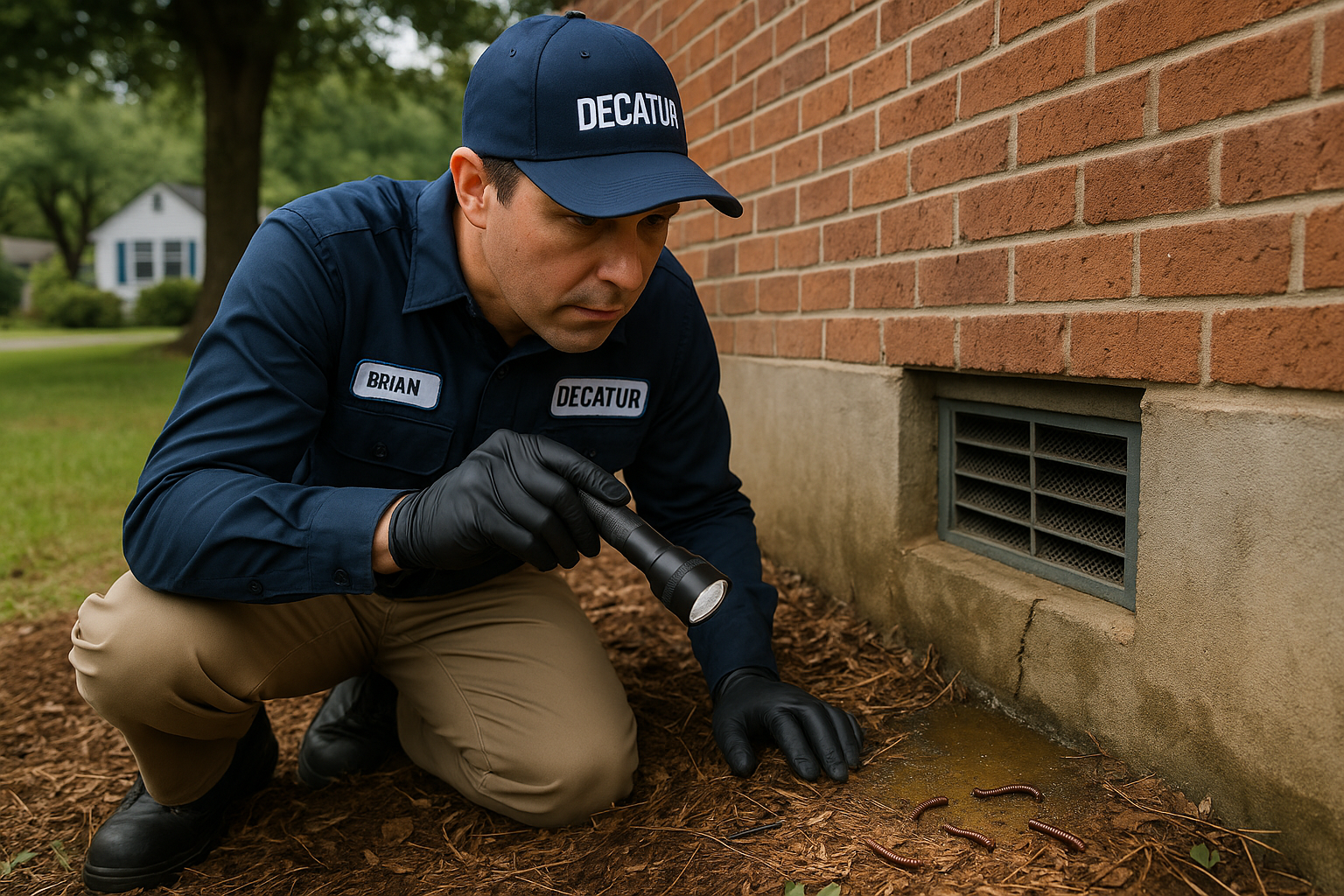 Millipede Inspection in Decatur, Georgia: What to Expect and When to Call a Pro 3 Technician examining mulch and drainage in a Decatur yard during a milliwede inspection