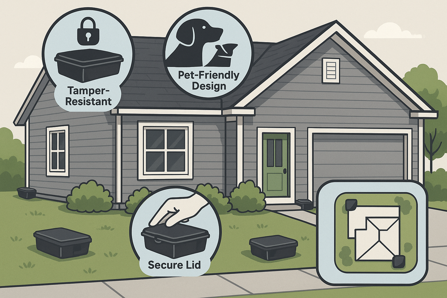 Professional pest technician setting bait stations in a residential yard